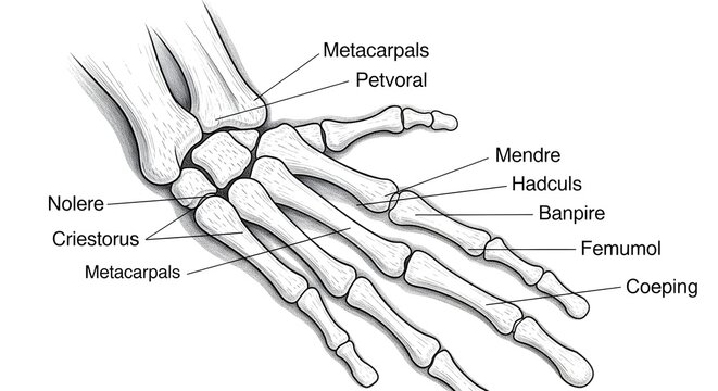 High detailed skeletal hand illustration showing articulated carpals, metacarpals and phalanges of a vertebrate forelimb rendered in precise line art with labeled bones for osteology study, comparativ
