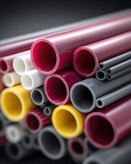 Fototapeta premium Assortment of colorful plastic pipes and tubes neatly stacked for industrial use
