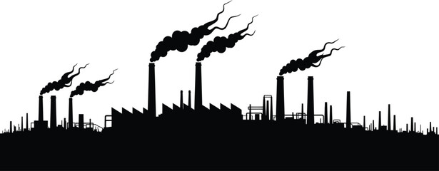 Industrial Factory Silhouette with Smoking Chimneys on White Background