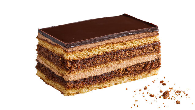 Isolated delicious multi-layered chocolate cake slice with rich frosting and scattered crumbs