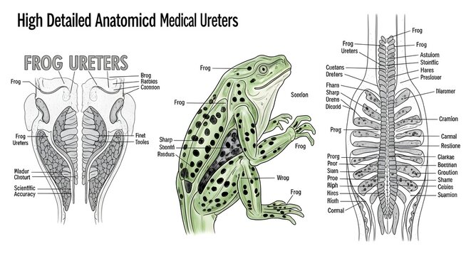 High detailed anatomical medical frog ureters illustration showing kidneys, nephric tubules, paired ureters and cloacal connection with central dorsal view of skeleton for amphibian urinary system, ve