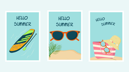 Set of three vertical summer posters in flat vector style. Featuring a SUP board, orange sunglasses, and a beach bag with a sun hat. Minimalist pastel designs for vacation and travel themes. © Meggi