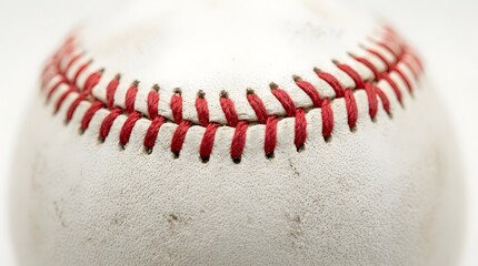 Close up of a baseball with red stitching on a white surface