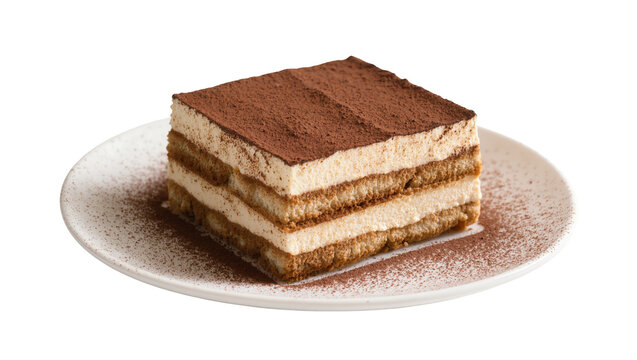 Isolated slice of classic Italian tiramisu dessert on a round ceramic plate, dusted with cocoa