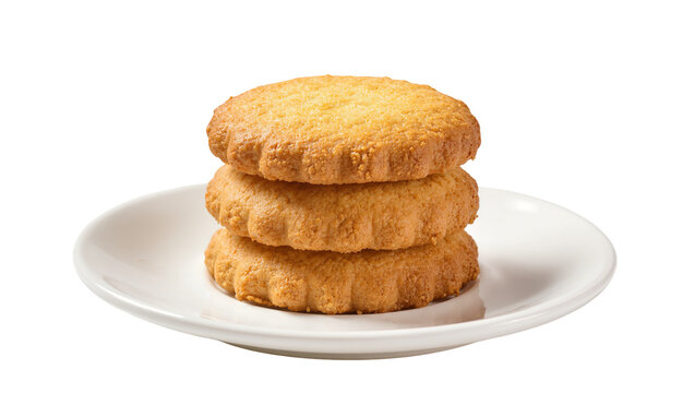 Isolated stack of three delicious golden-brown shortbread cookies on a small white plate