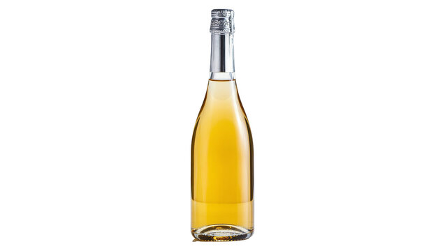 Isolated elegant clear glass bottle of sparkling golden beverage with textured silver foil cap