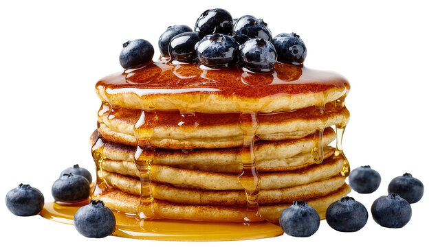Isolated stack of fluffy golden pancakes topped with fresh blueberries and sweet maple syrup dripping