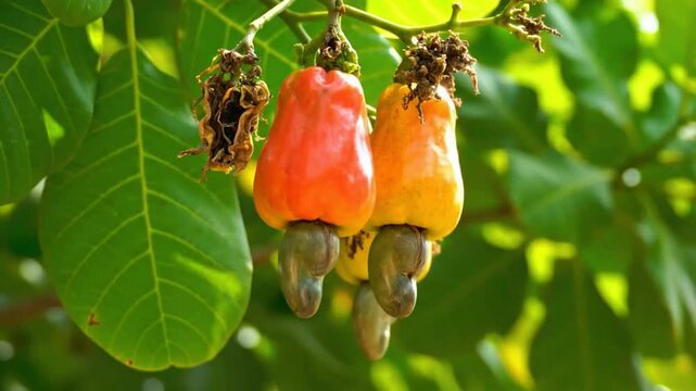 Vibrant cashew fruits hang from tree branch with green leaves outdoors
