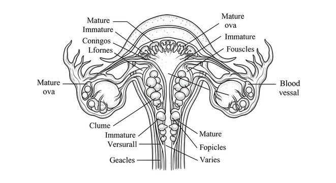 High detailed female reproductive system illustration showing paired ovaries with immature and mature ova, ovarian follicles, oviduct and cloacal connection rendered in longitudinal section for frog r