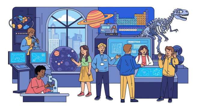 Diverse group of people exploring science museum exhibits, learning about astronomy and paleontology.