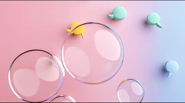 Colorful Speech Bubbles and Bubbles Float Above a Soft Pastel Background in a Creative Display During Daytime