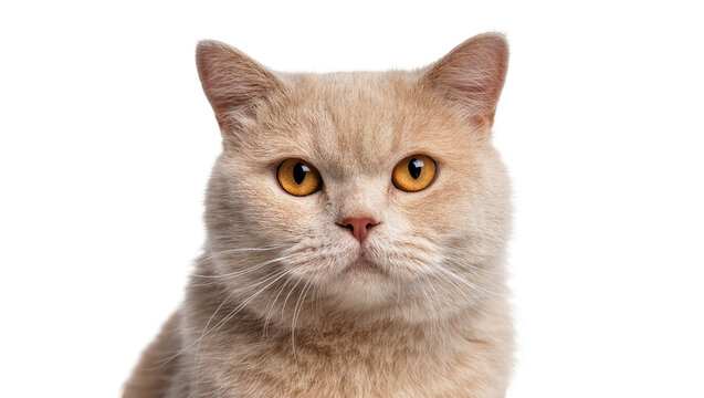 Isolated close-up portrait of a beautiful British Shorthair cat with captivating amber eyes