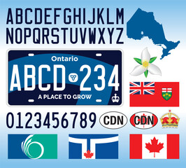 Naklejka premium Ontario car license plate blue style, Canada, letters, numbers and symbols, vector illustration