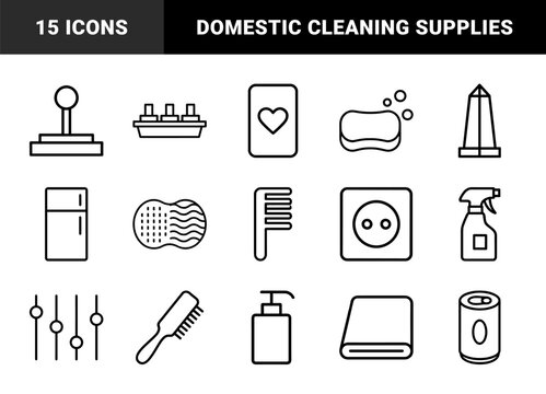 Personal care and household line icon set. Vector pictograms of soap, sponge, brush, spray, towel, and bathroom accessories, thin outline illustration.
