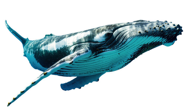 Isolated powerful humpback whale swimming gracefully underwater in the vast blue ocean