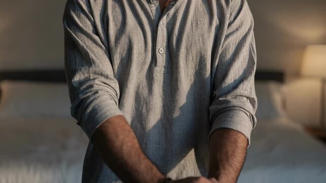 Relaxed fit henley nightshirt on man in medium shot highlighting the casual button placket detail and breathable material for laidback evening wear.