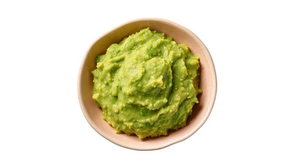 Isolated bowl of fresh chunky green guacamole dip, delicious healthy Mexican avocado snack food.