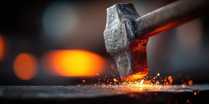 Close-up of a glowing hot metal being struck by a blacksmith's hammer with sparks flying