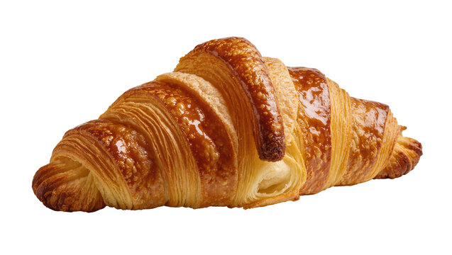 Isolated delicious golden brown flaky butter croissant fresh from bakery for breakfast.