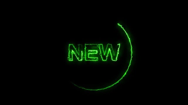 Neon green new text glowing inside curved arc on dark animated background, Promotional typography concept representing product launch and announcement display.