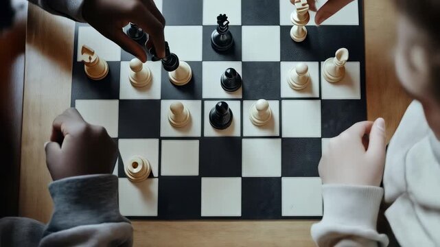 Two children are concentrating on a chess game, moving pieces strategically across the board during a friendly match, demonstrating focus and critical thinking