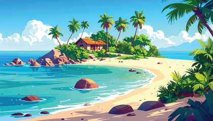 Naklejka premium Hidden beach cottage beside clear water and gentle sandy curves. Secluded island shelter framed by palms, rocks, and bright sea. Quiet tropical retreat on a sunny shore with lush green scenery. 