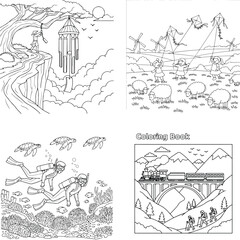 Fototapeta premium Adventure coloring book: fantasy cliff, rural scene, scuba divers & mountain train line art
