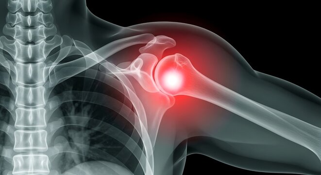 A medical illustration of a human skeleton with a highlighted red pain point on the shoulder joint, showing bones and ribcage from a side view.