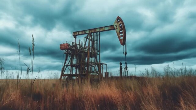 Oil pump jack extracting crude oil in a field under dark, stormy clouds, creating a dramatic scene highlighting concerns about energy, environment, and economy