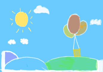 Naklejka premium Hand drawn cute hot air balloon flying in blue sky with sun and clouds illustration