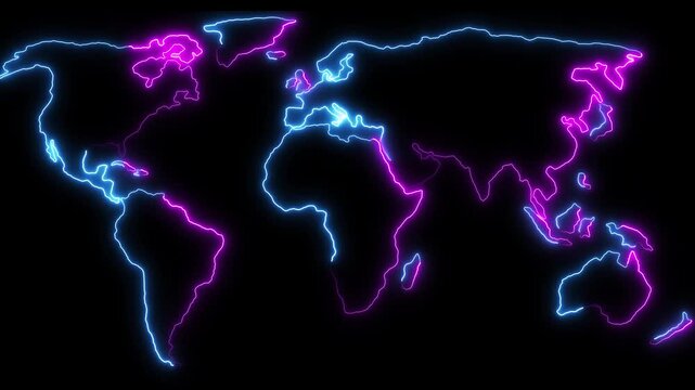 World map illuminated with blue and pink neon lights on dark animated background, Global connectivity concept representing communication and international networks.