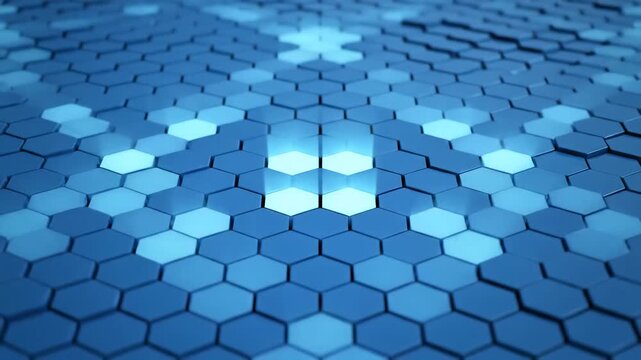 Abstract Blue Hexagonal Grid with Glowing Patterns.