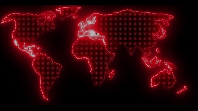 Red neon world map outline glowing on dark animated background global concept, Digital earth visualization representing international data communication networks, Futuristic world map animation.