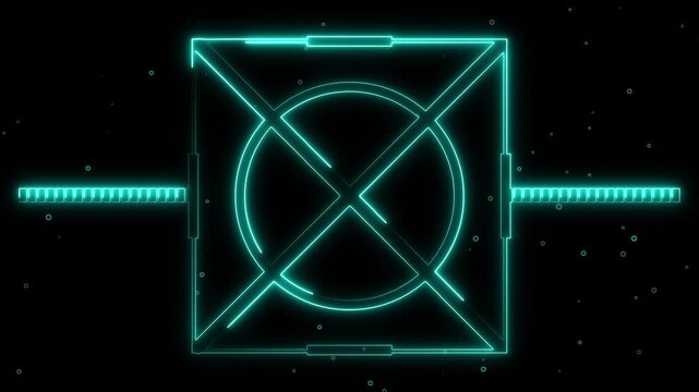Cyan neon geometric frame with floating dots and diagonal elements animation, Digital interface concept representing futuristic user interface and layout design, Futuristic hud frame animation.