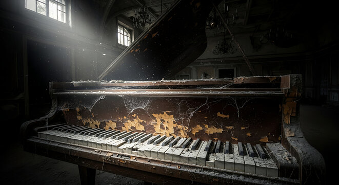 An aged and derelict grand piano sits abandoned in a dusty, dimly lit room, its ivory keys chipped and yellowed, a symbol of forgotten melodies and faded grandeur
