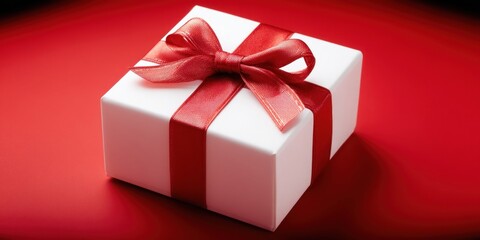Obraz premium Elegant white gift box with a luxurious red ribbon and bow on a vibrant red background