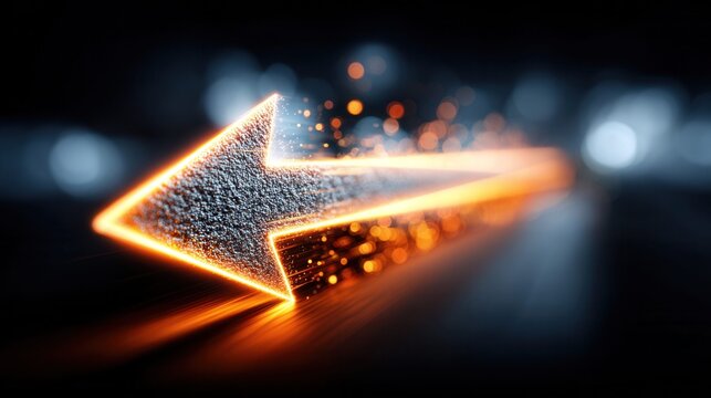 Abstract glowing arrow made of particles moving forward with light streaks and bokeh