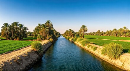 Obraz premium Aerial view of a canal meandering through green fields and palm trees under a blue sky