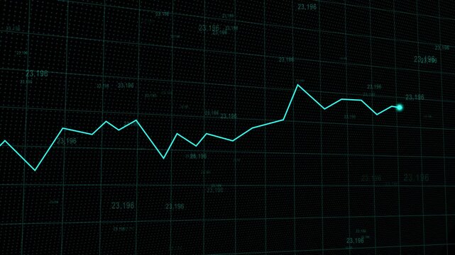 Teal line graph showing fluctuating data points on dark grid animated background, Financial analytics concept representing stock market trends and economic indicators.
