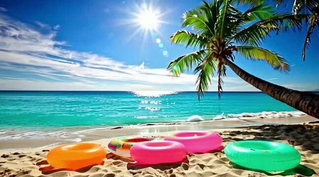 Colorful inflatable pool rings on tropical beach with palm tree and blue sky