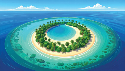 Ring atoll enclosing a vivid lagoon with palms and ivory sand. Circular coral formation wrapped by shallow water and ocean. Exotic marine reserve featuring a perfect lagoon and tree belt.  © Joko