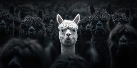 Fototapeta premium A single white alpaca stands out from a crowd of dark alpacas