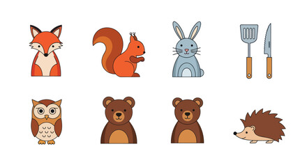 Fototapeta premium Cartoon forest animals and kitchen utensils