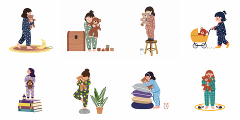 Fototapeta premium Cute illustration set featuring a young girl in various pajamas playing with her teddy bear and engaging in cozy bedtime activities.