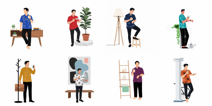 Collection of flat vector illustrations featuring a man in stylish batik shirts applying perfume in various indoor settings.