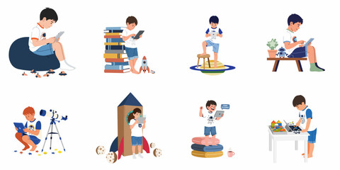 Set of eight illustrations featuring a young boy engaging with a digital tablet amidst various space-themed educational and play scenarios. © Slamet