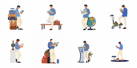 Fototapeta premium Collection of flat vector illustrations featuring a stylish male passenger reading magazines in different airport scenes with luggage and travel gear.