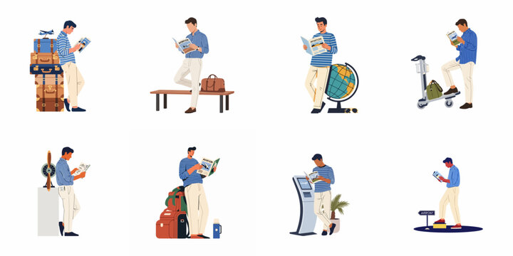 Collection of flat vector illustrations featuring a stylish male passenger reading magazines in different airport scenes with luggage and travel gear.
