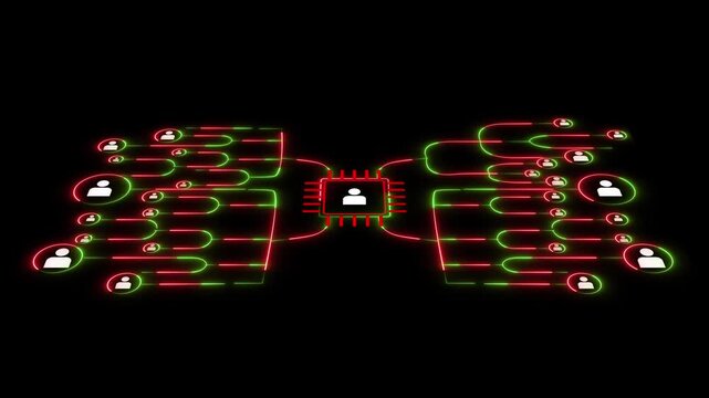 Central processor with branching network of user icons glowing red and green animation background, Digital connectivity concept representing distributed systems and communication networks.