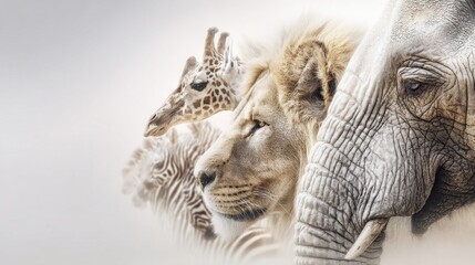 Fototapeta premium Majestic African wildlife montage featuring lion, giraffe, elephant, and zebra in profile